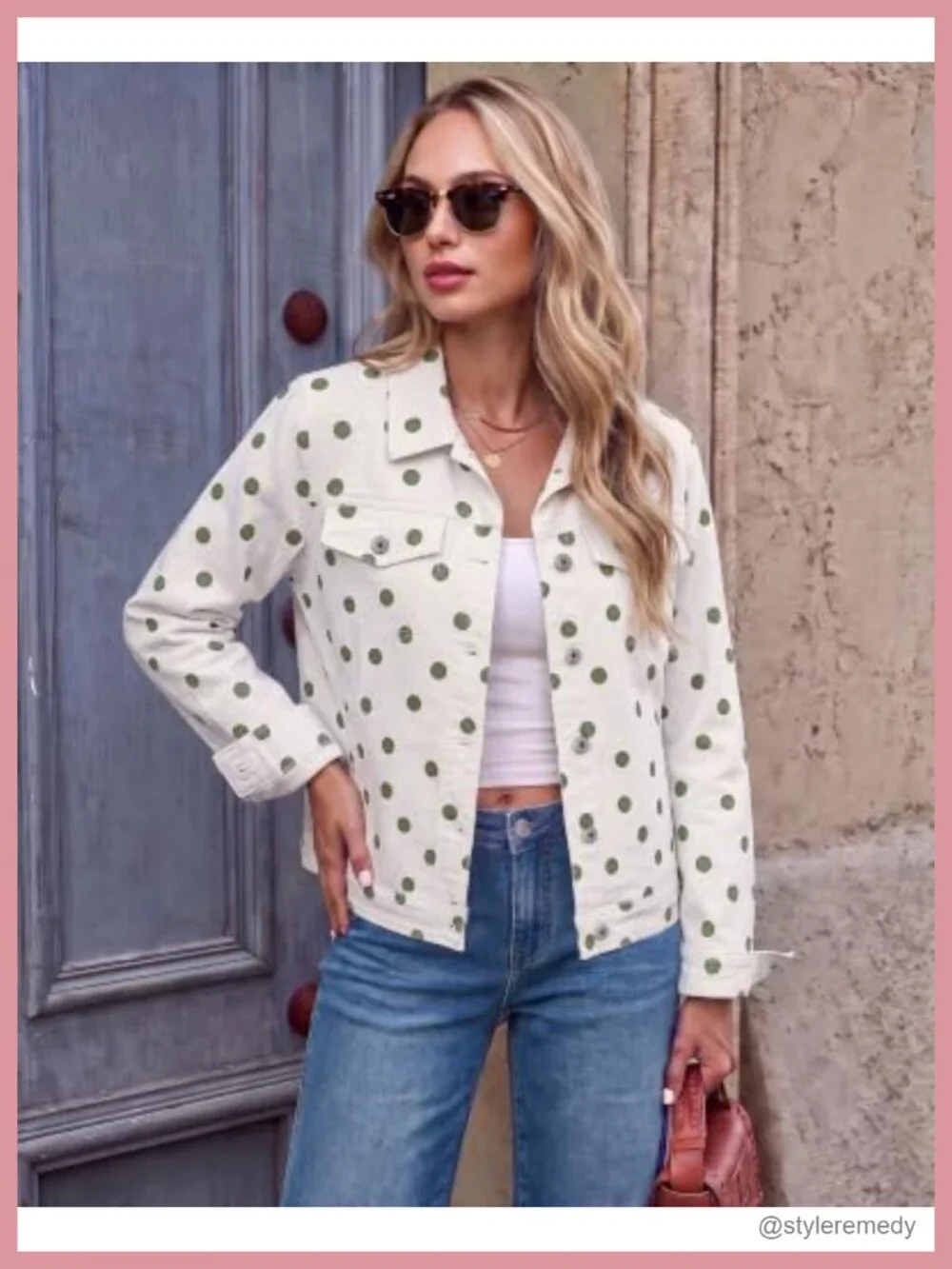 Stretch Denim Jacket with Pockets Polka Dot Print Lapel Collar Women Casual
